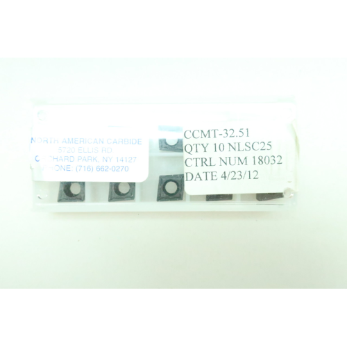 Box Of 10 North American Carbide CCMT-32.51 NLSC25 Carbide Insert Box Of 10 North American Carbide CCMT-32.51 NLSC25 Carbide Insert
